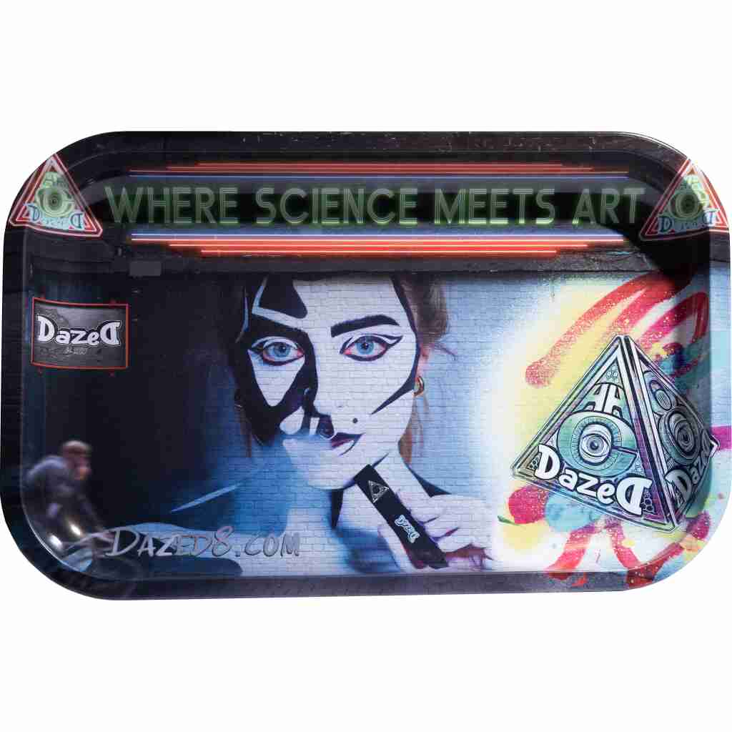 The DazeD8 Metal Rolling Tray features the text WHERE SCIENCE MEETS ART, showcasing a painted face with abstract designs holding a pen, vibrant design elements, and Dazed logos, perfectly blending functionality and artistic expression.