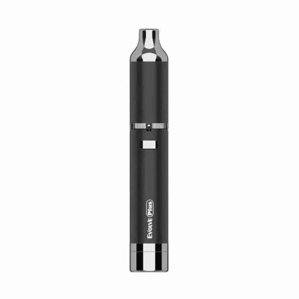 The Yocan Evolve Plus Dab Vaporizer Pen (Black) features a sleek cylindrical design, metallic mouthpiece and base, with a transparent window and Evolve Plus branding in crisp white print on its body.