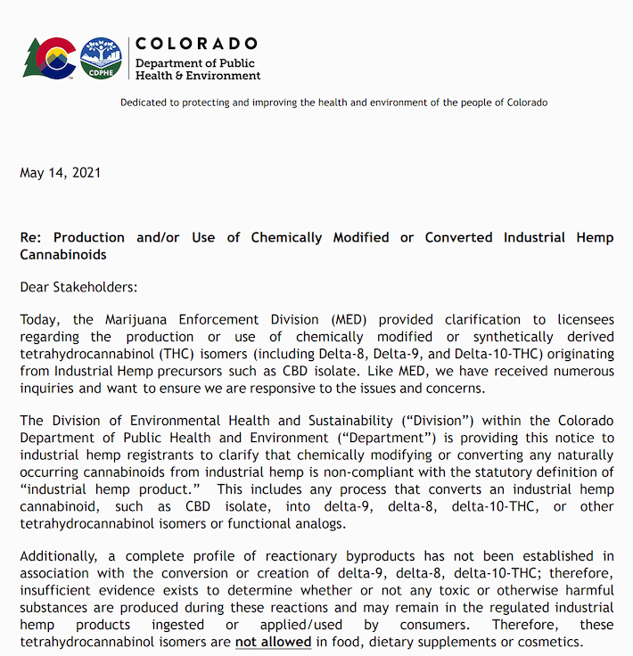 Colorado delta 8 thc ban notice letter