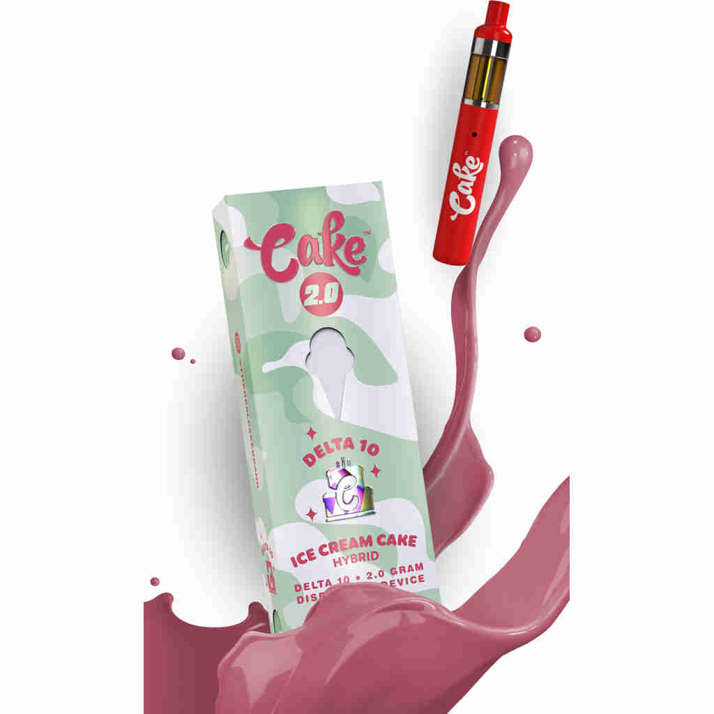 A Cake 2.0 box with a logo and a red stick next to it, containing the Delta 10 Disposable.