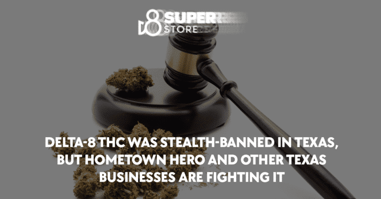 A gavel with the words Delhi Superstore banned in Texas, indicating the stealth ban of Delta-8 THC.