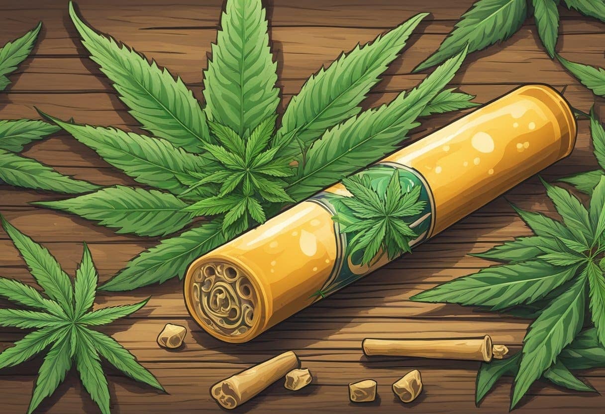 An Infused Pre Roll, consisting of a cigarette blended with marijuana leaves, is delicately placed on a wooden table.