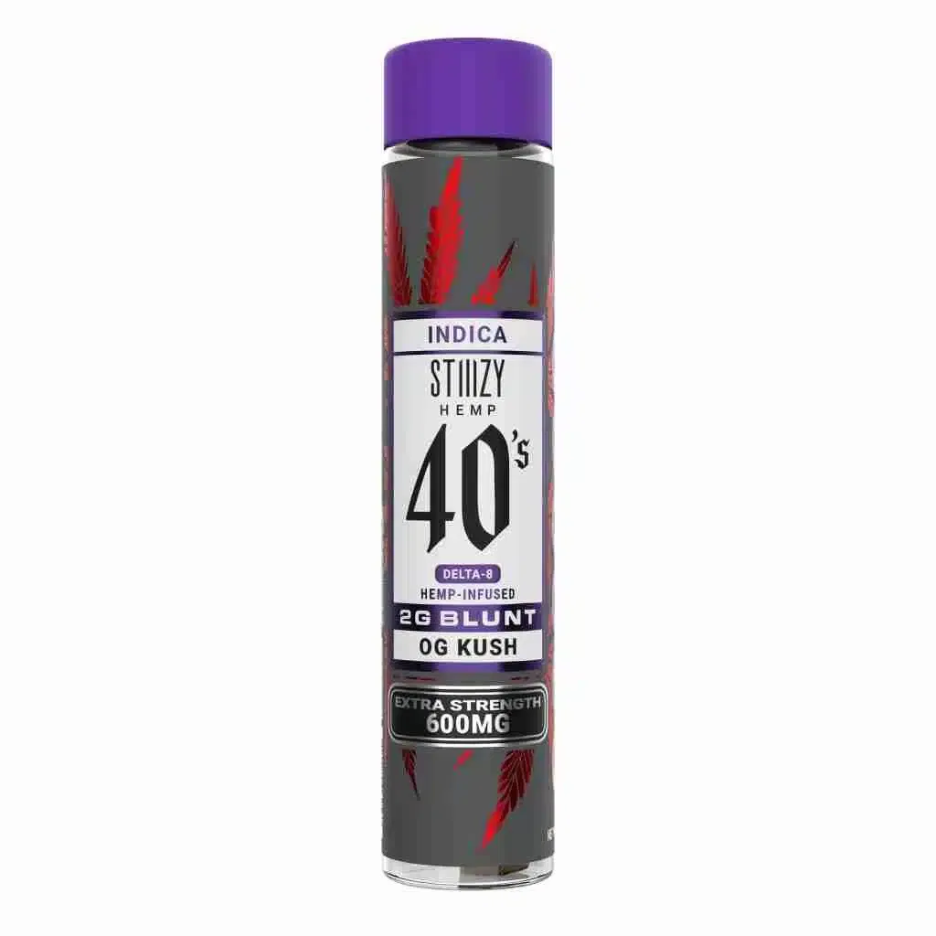 A tall, cylindrical black container labeled STIIIZY Hemp Delta-8 Pre Roll Blunts, features red leaf graphics and a purple cap. Inside awaits a potent 600mg OG Kush Indica blunt infused with Delta-8 hemp for extra strength in a 2g size.