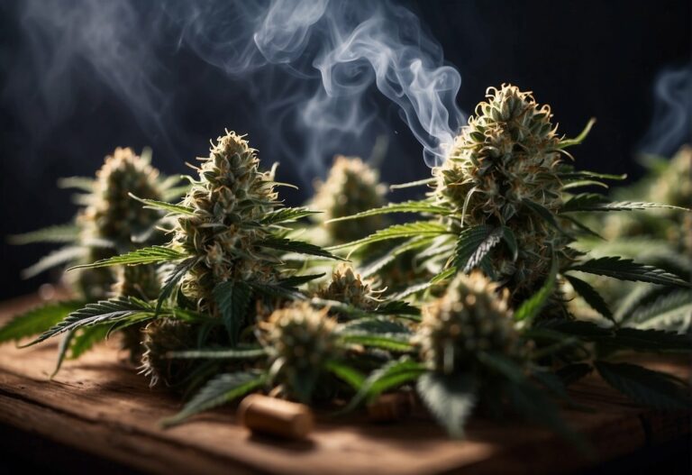 Cannabis plants on a wooden board with smoke emanating from them, showcasing the transformation of THCa into Delta 9 upon smoking.