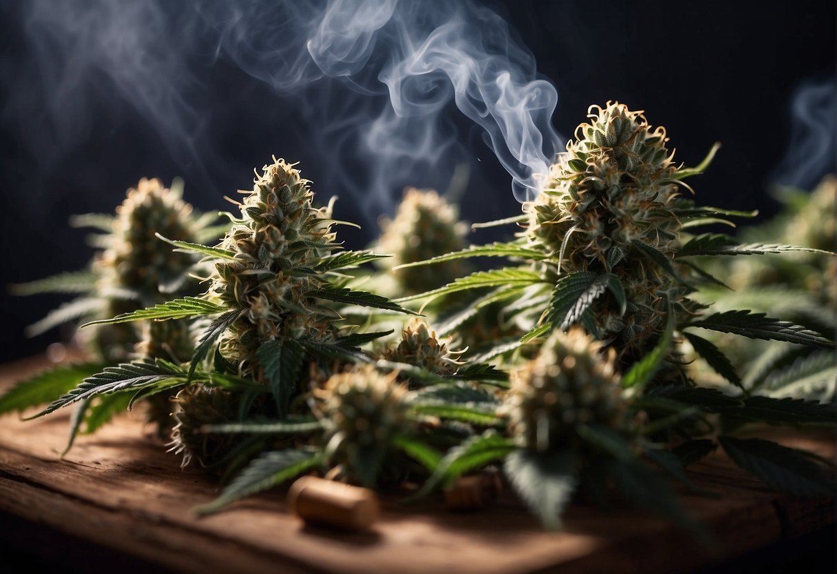Cannabis plants on a wooden board with smoke emanating from them, showcasing the transformation of THCa into Delta 9 upon smoking.