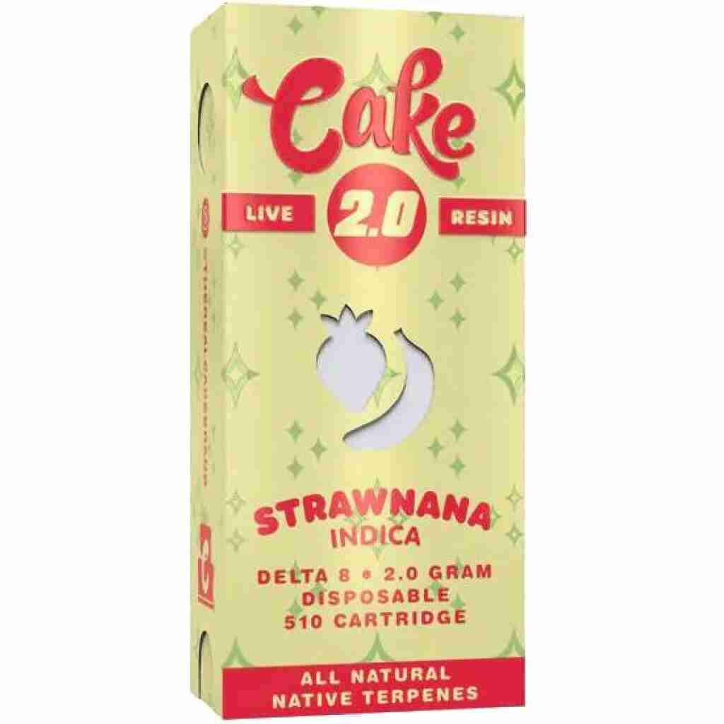 A yellow box with red text that showcases a delicious Strawnana cake infused with Delta 8.