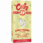 A yellow box with red text that showcases a delicious Strawnana cake infused with Delta 8.