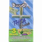 Check out DazedAs THCa Diamonds Cross Joints 3g packaging featuring Pineapple Express hybrid. The design boasts 3g of solventless, infused premium indoor flower with under 0.3% Δ9 THC against a vibrant blue and green background, ideal for crafting Cross Joints.