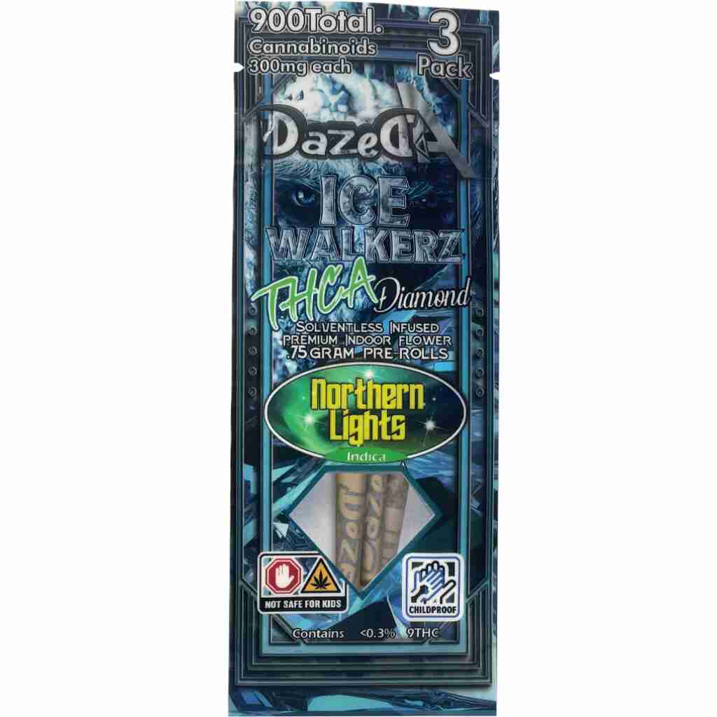 Dazed THCa Diamonds Icewalkerz Pre-Rolls 2.25g 3pk Northern Lights