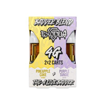 Image of two cannabis vape cartridges with labels reading "budder blend exotix 4g" in flavors "Pineapple Cake" and "Purple Tangie" with thc content indicated.