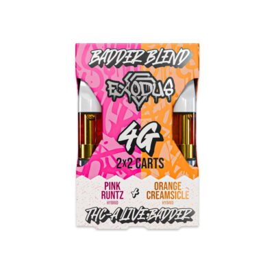 Product packaging for "badder blend exotics 4g 2x2 carts" featuring graphics of Pink Runtz and Orange Creamsicle THCa vape cartridges with a bold, colorful design