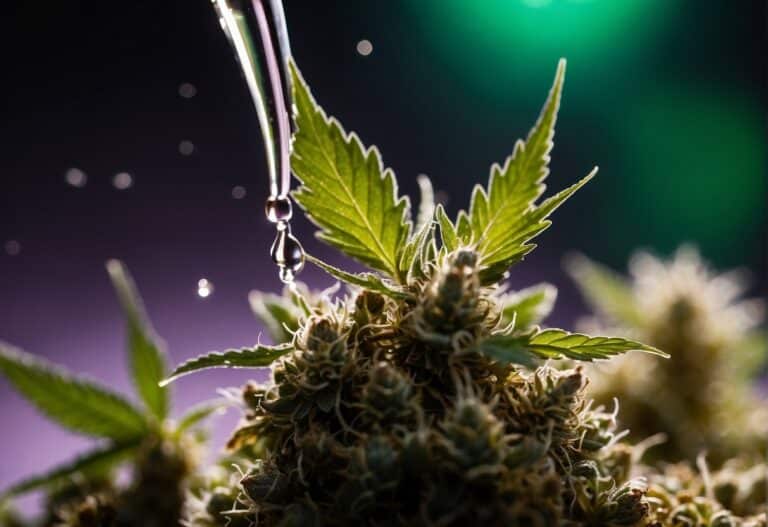 A cannabis plant with a drop of water on it, showcasing the mesmerizing effect of THCa infusion.