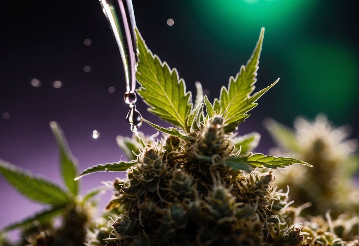 A cannabis plant with a drop of water on it, showcasing the mesmerizing effect of THCa infusion.