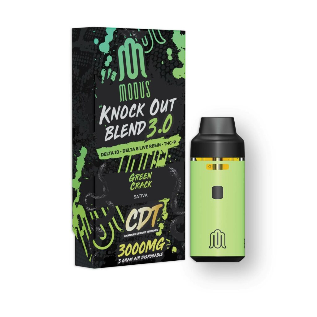 A green box with a Modus Knockout Blend Disposables (3.0g) e-cigarette in it.