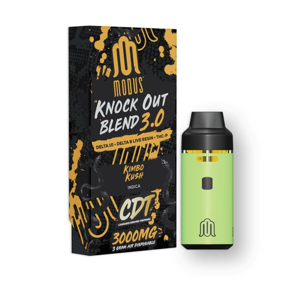 A box with a bottle of Modus Knockout Blend Disposables (3.0g) and a box of Modus Knockout Blend Disposables (3.0g).