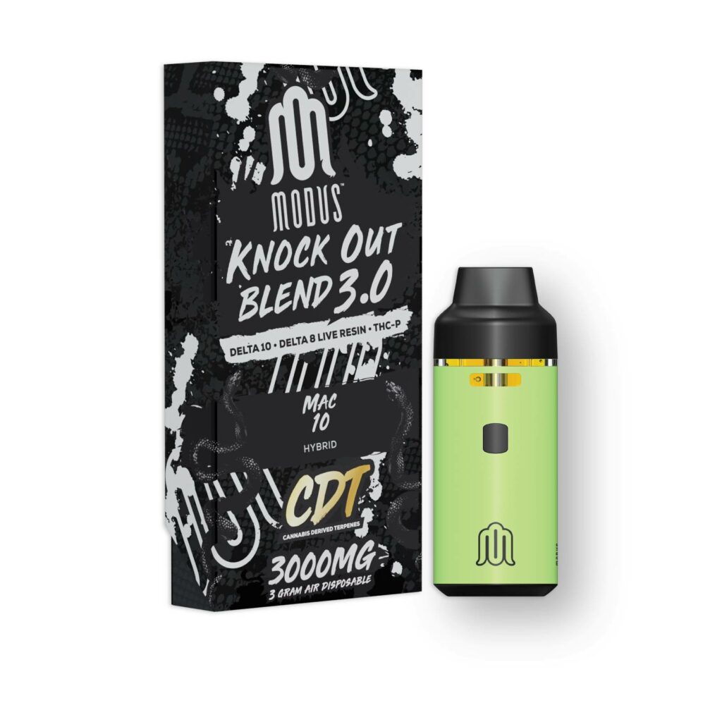 A green box with a box of Modus Knockout Blend Disposables (3.0g)