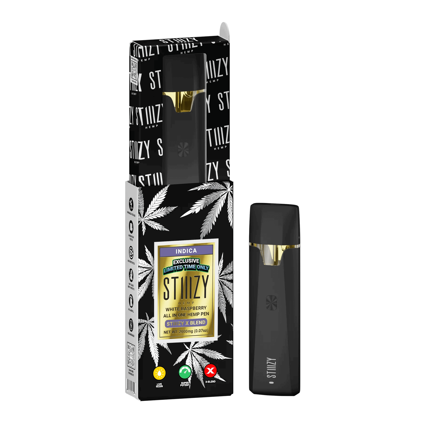 A package of STIIIZY Exclusive: AIO X-Blend Disposable Vape Pens (2g) with a black box. A package of STIIIZY Exclusive: AIO X-Blend Disposable Vape Pens (2g) with a black box.