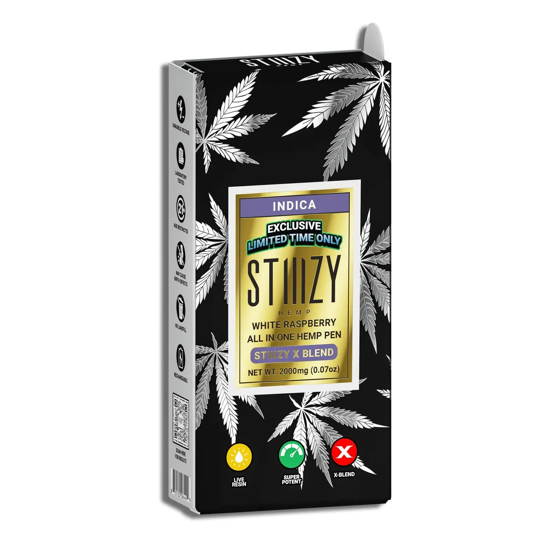 A package of STIIIZY Exclusive: AIO X-Blend Disposable Vape Pens (2g) on a white background.