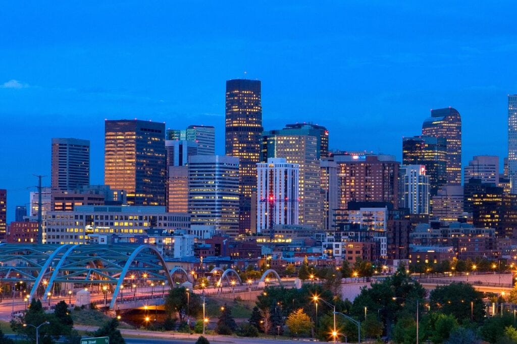 Denver skyline at dusk, perfect for 420 vacations. Denver skyline at dusk, perfect for 420 vacations.