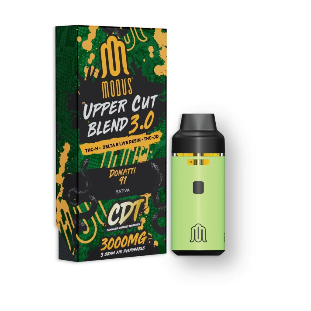 A green Modus Upper Cut Blend Disposables 3.0g with e-liquid.