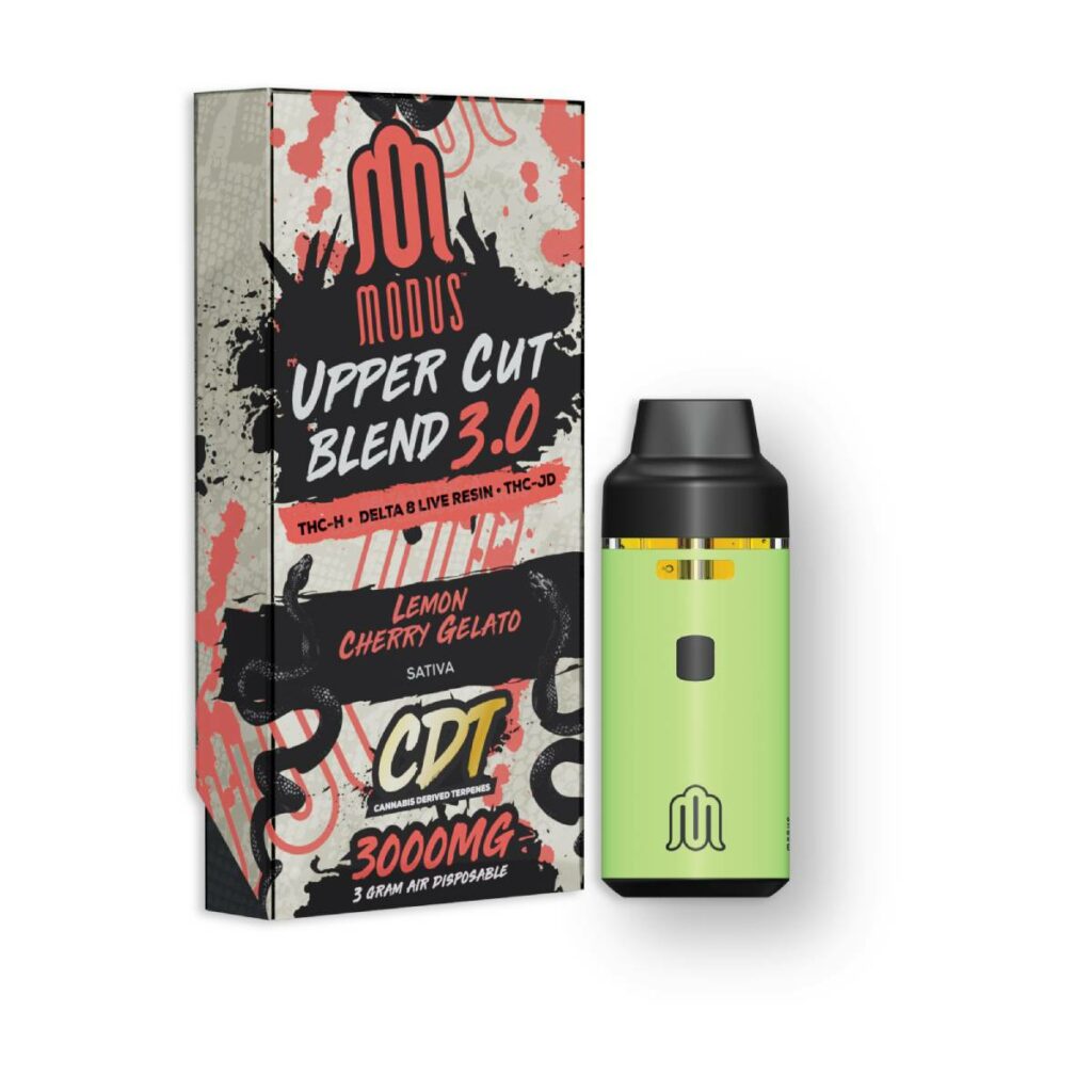 A box containing Modus Upper Cut Blend Disposables 3.0g and e-liquid.