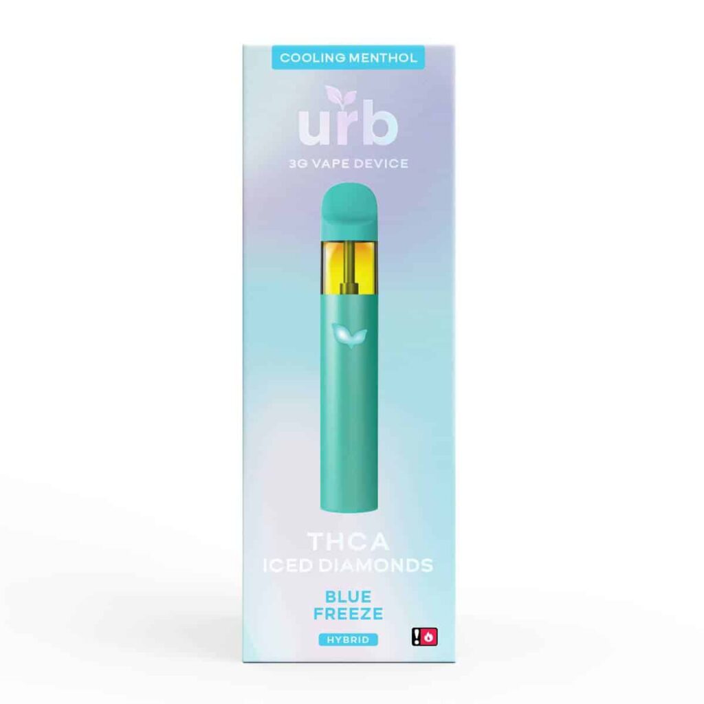 A box with a blue and green Urb THCa Iced Diamonds Menthol Disposables 3g vaporizer in it.