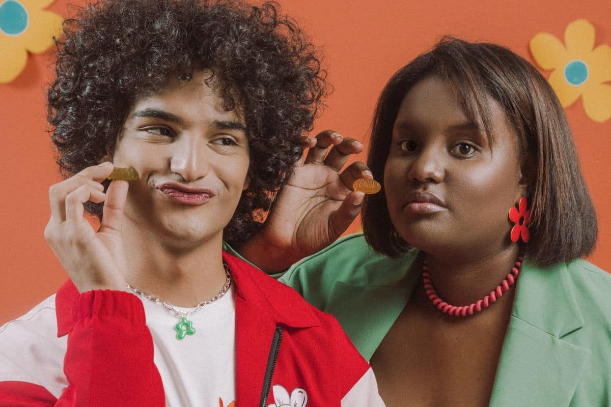 A guy and a girl high on mushroom gummies A guy and a girl high on mushroom gummies