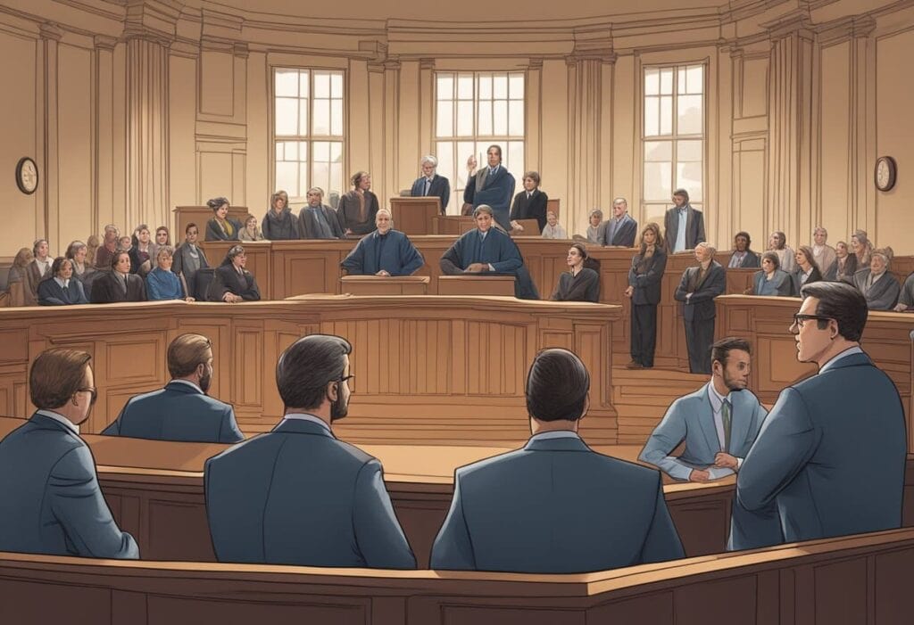 A cartoon illustration of a courtroom featuring a legal proceeding.
