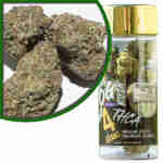 A jar of Indoor Flowers with a gold label next to it, containing Dazed8 and THCa.