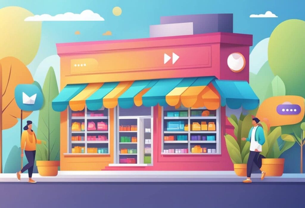 A cartoon illustration of the BEST online store, with people walking in front of it.