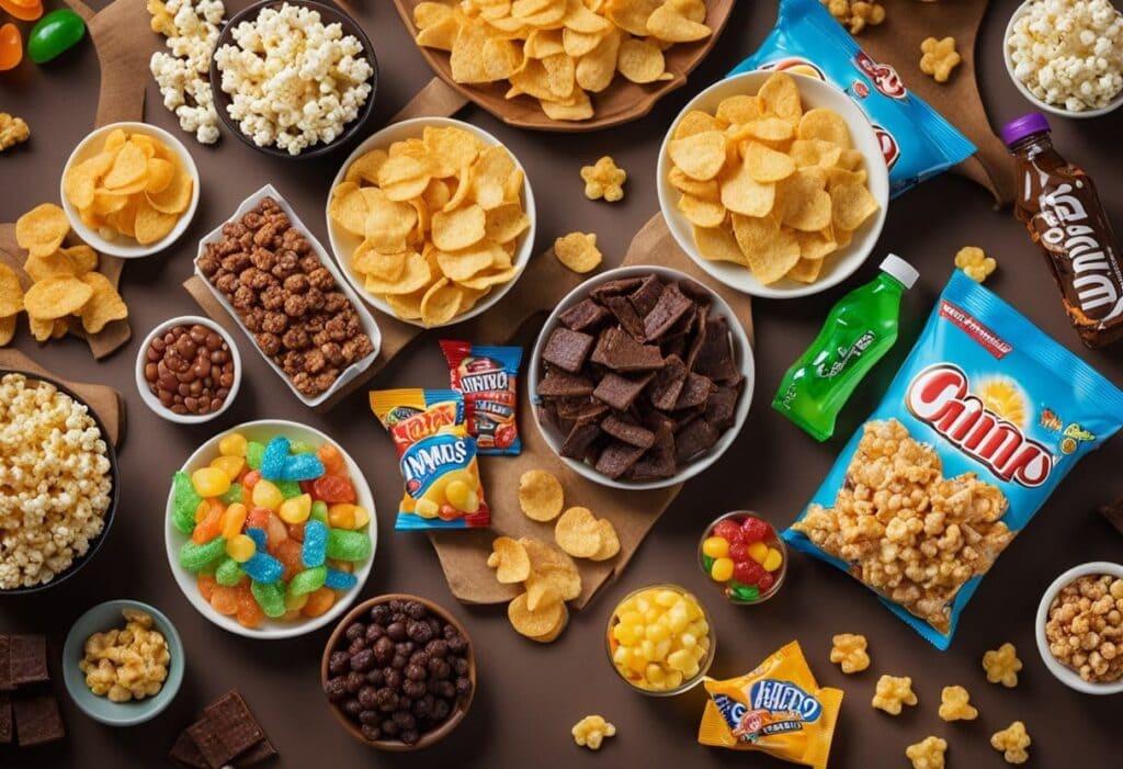 The best stoner snacks, including a variety of delicious snacks, are laid out on a table.