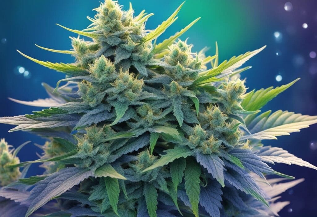 An image of a cannabis plant with a blue background, featuring the Blue Dream strain.