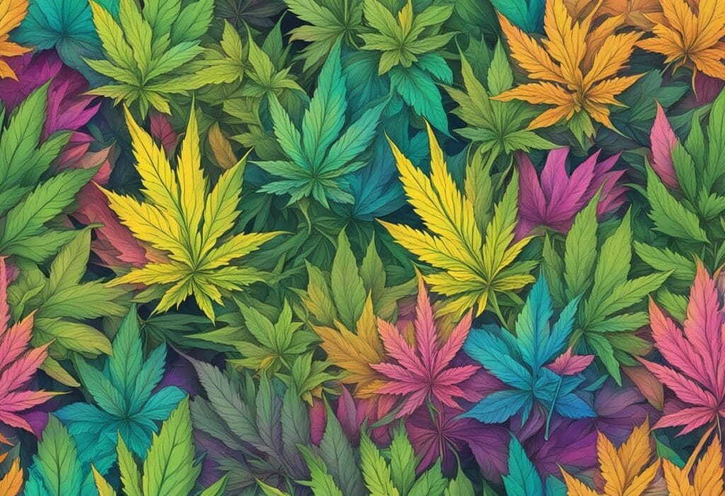 Colorful marijuana leaves in a seamless pattern showcasing the most euphoric cannabis strains.