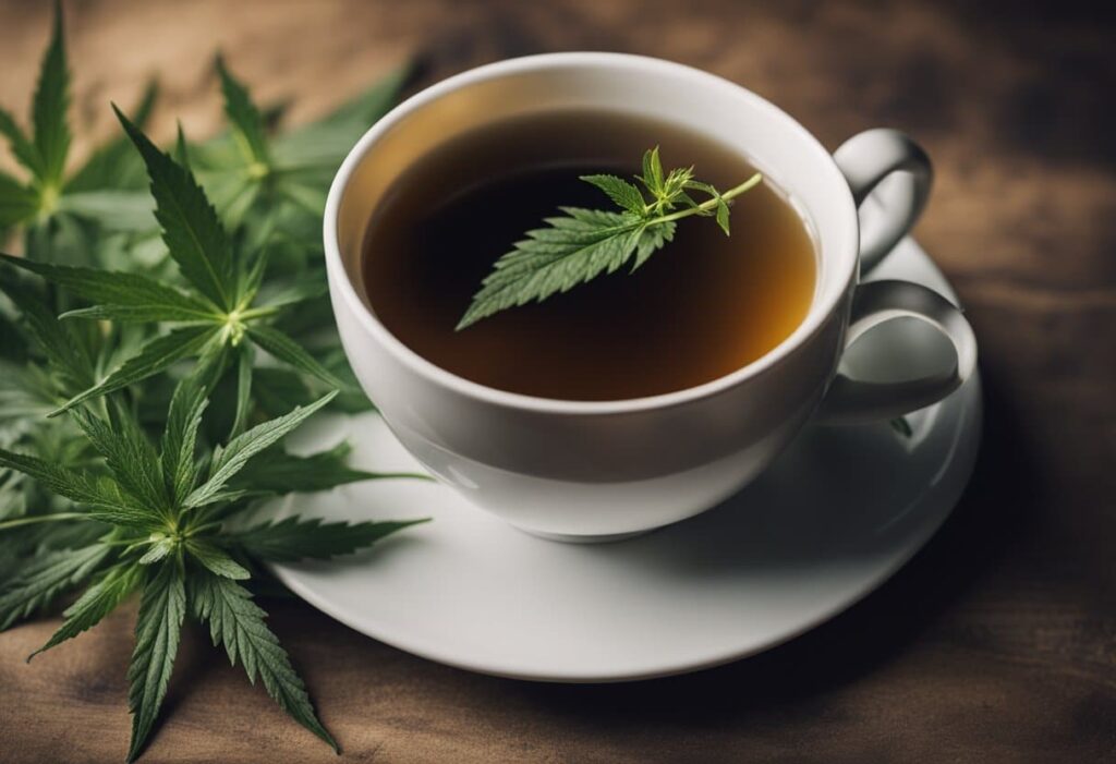 A cup of tea infused with cannabis leaves.