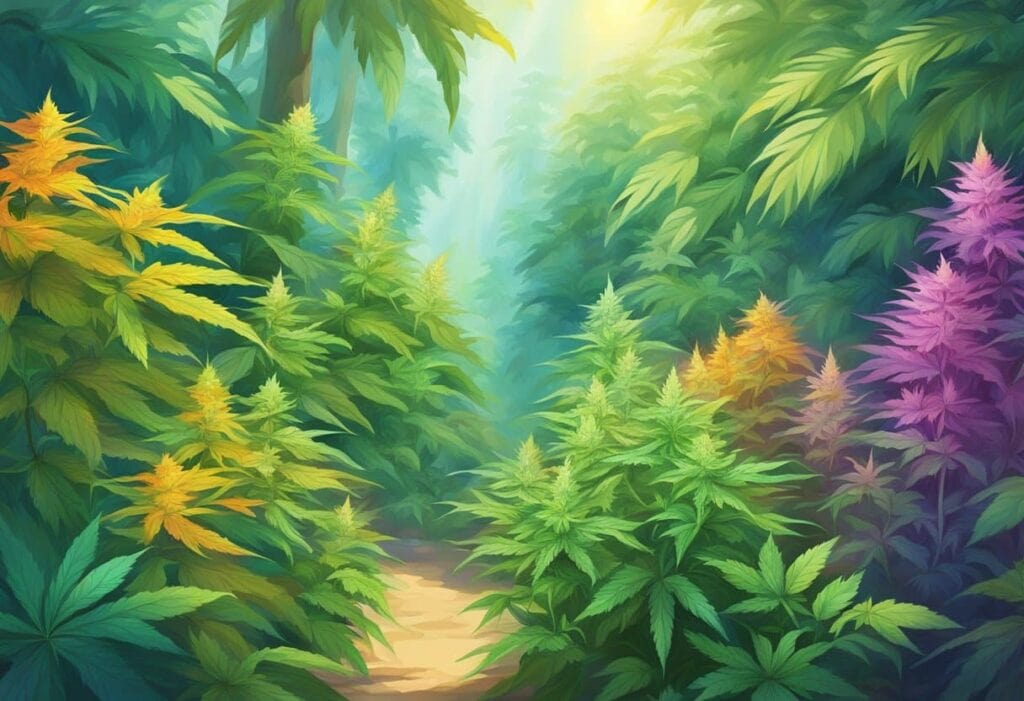 An illustration of a forest with vibrant and diverse cannabis plants.