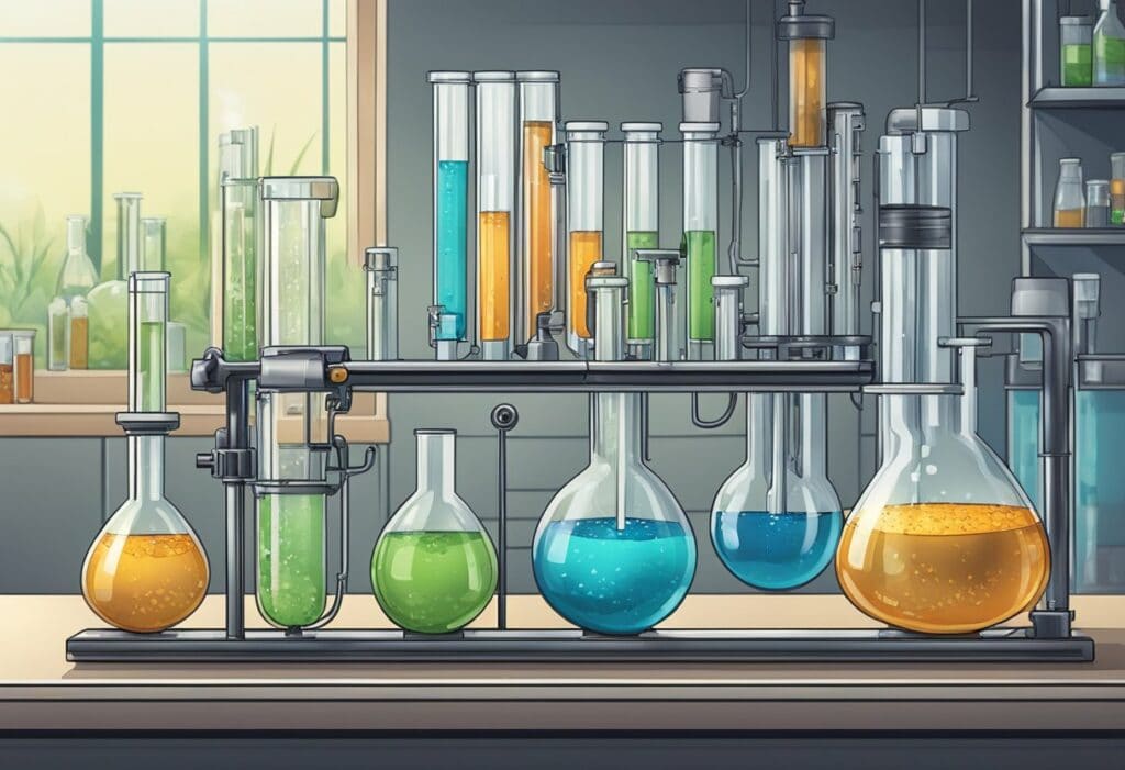 A laboratory with various flasks containing HHC on a table.