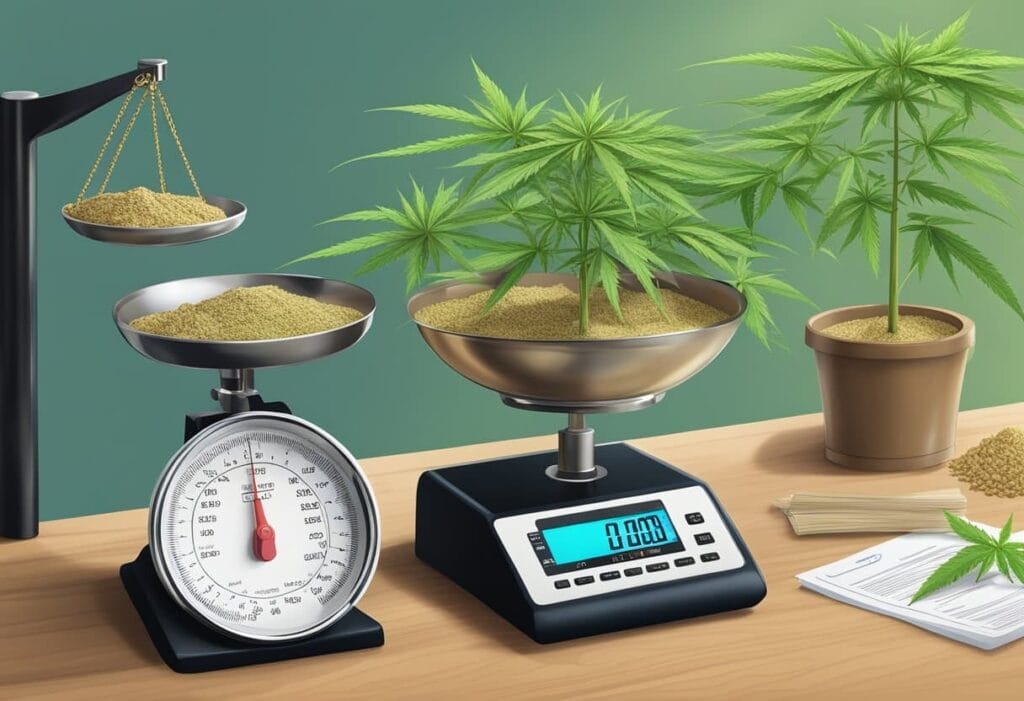 A table with a bowl and a marijuana plant.