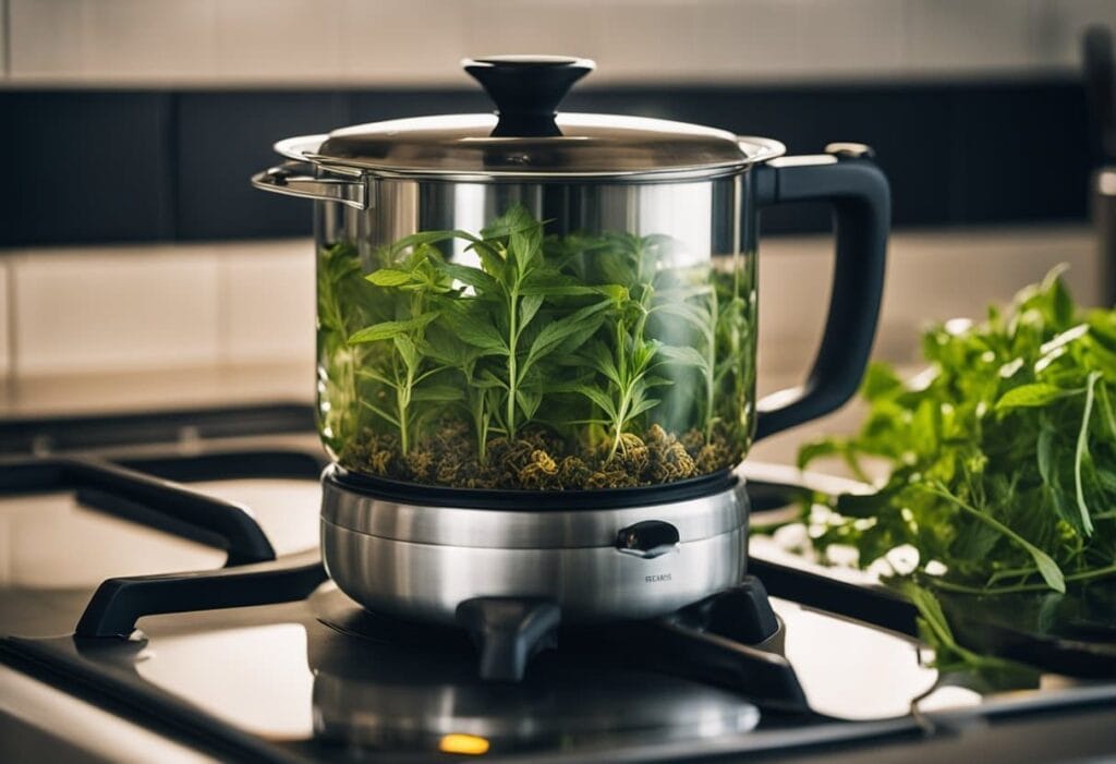 A pot of greens simmering on top of a stove.