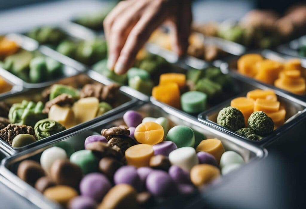 A hand reaching into a tray full of different kinds of candy, offering the best edibles for anxiety and insomnia.