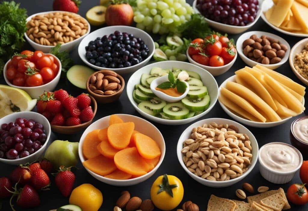 A variety of fruits and nuts in bowls on a black background, perfect for the best stoner snacks.