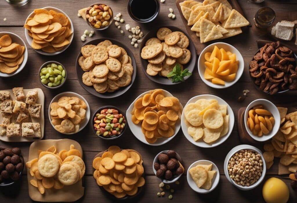 The best stoner snacks displayed on a wooden table.
