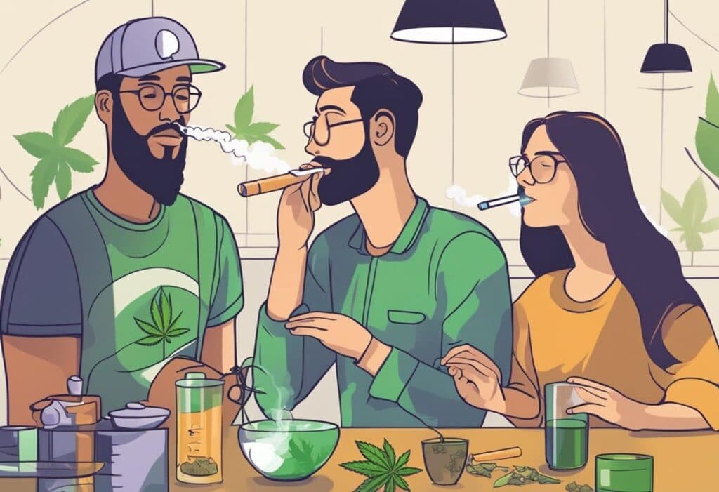 A group of people smoking marijuana at a table, discussing the effects of weed on fatigue levels.