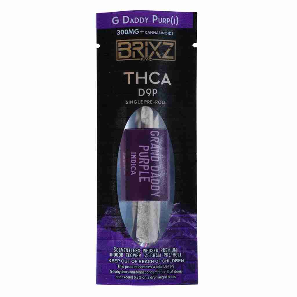A striking black and purple package labeled BRIXZ NYC D9P Shatterwalkerz Single Pre-Roll 0.75g catches your eye, highlighting G DADDY PURP(i) with 300MG+ Cannabinoids and featuring a pre-roll image and the iconic GRAND DADDY PURPLE Indica, emphasizing its premium quality.