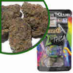 A package of marijuana with a rainbow flower next to it, featuring exotic indoor flowers and a potent THCa strain called Dazed8.