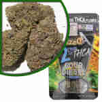 A package of Exotic Indoor Flowers with a bag of THCa next to it.