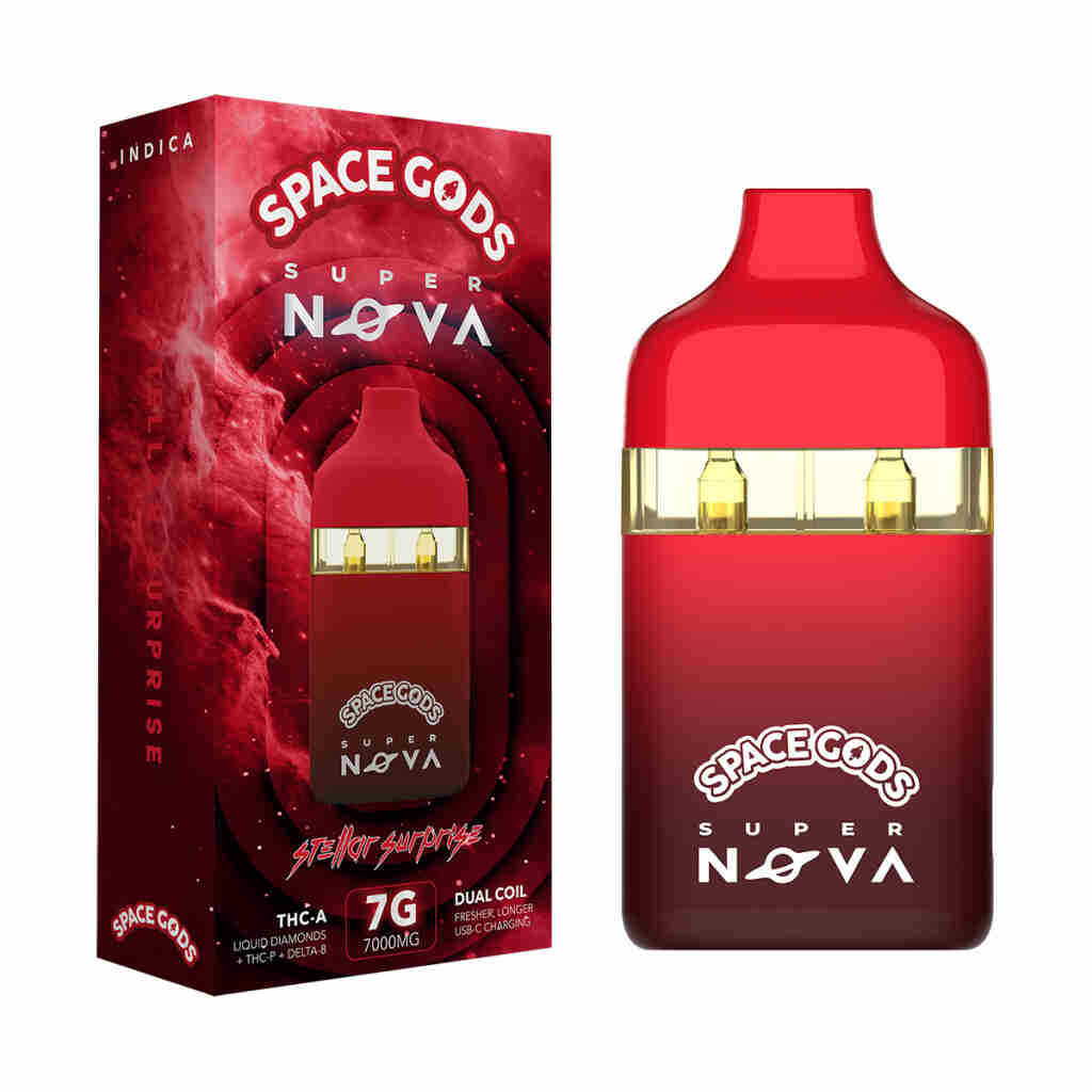 Space Gods Super Nova THCa Liquid Diamonds Dual Coil Disposable Vape Pens 7g blends the heavenly flavors of THCa Liquid Diamonds into a celestial vaping experience.