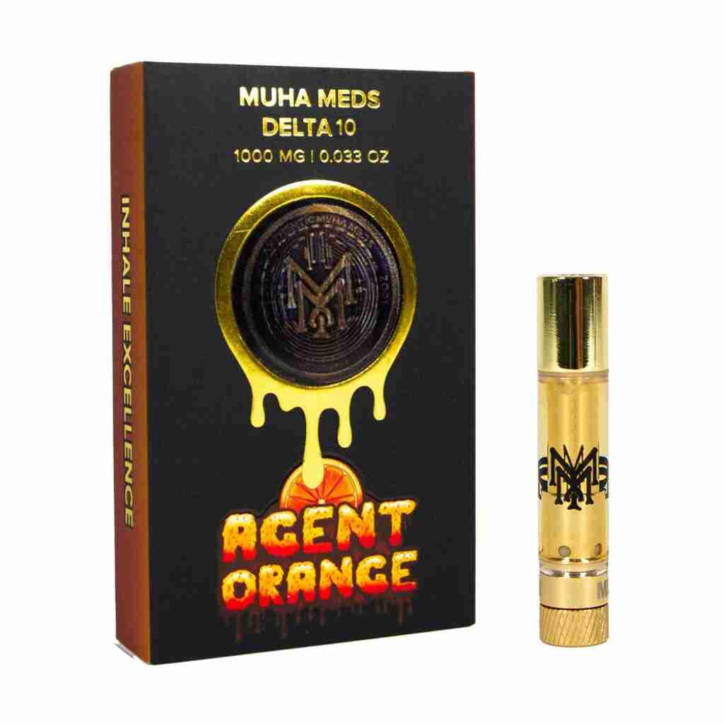 A bottle of Agent Orange with a box of Muha Meds Delta-10 510 Vape Cartridge 1g next to it.