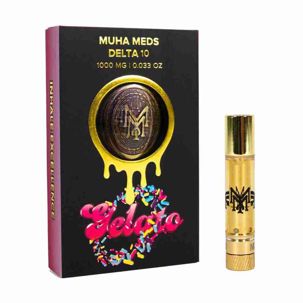 A Muha Meds Delta-10 510 Vape Cartridge 1g, featuring a gold label.