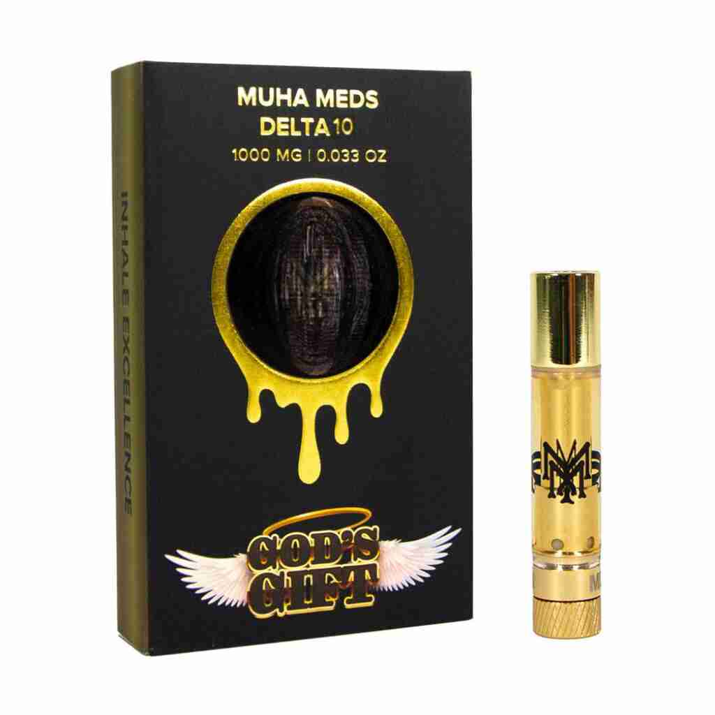 A Muha Meds Delta-10 510 Vape Cartridge 1g placed next to a Delta-10 gold box.