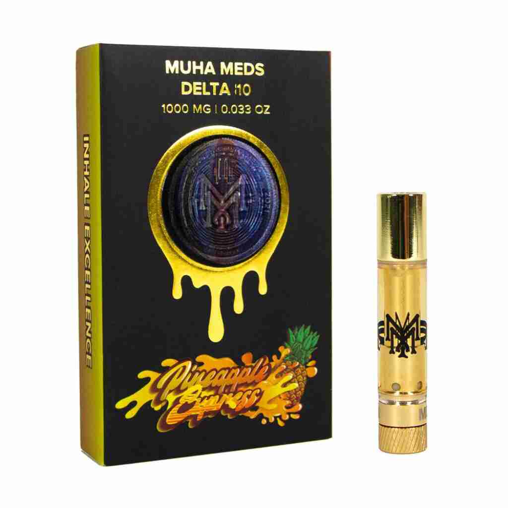 A box containing a Muha Meds Delta-10 510 Vape Cartridge 1g is placed next to a bottle of Mango Muha Meds.